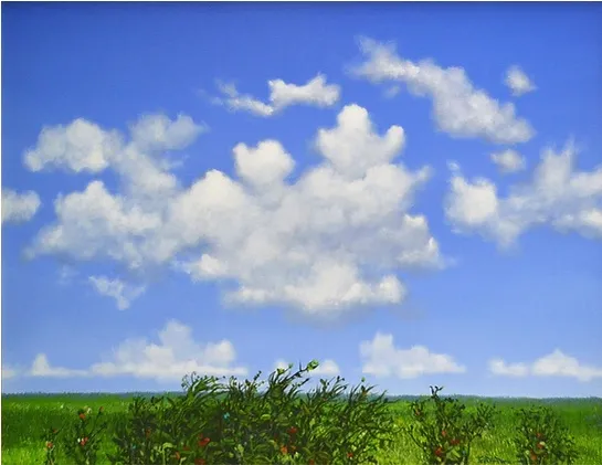 Enrique Sanchez landscape painting with trees and a cloudy sky in Mexico City style