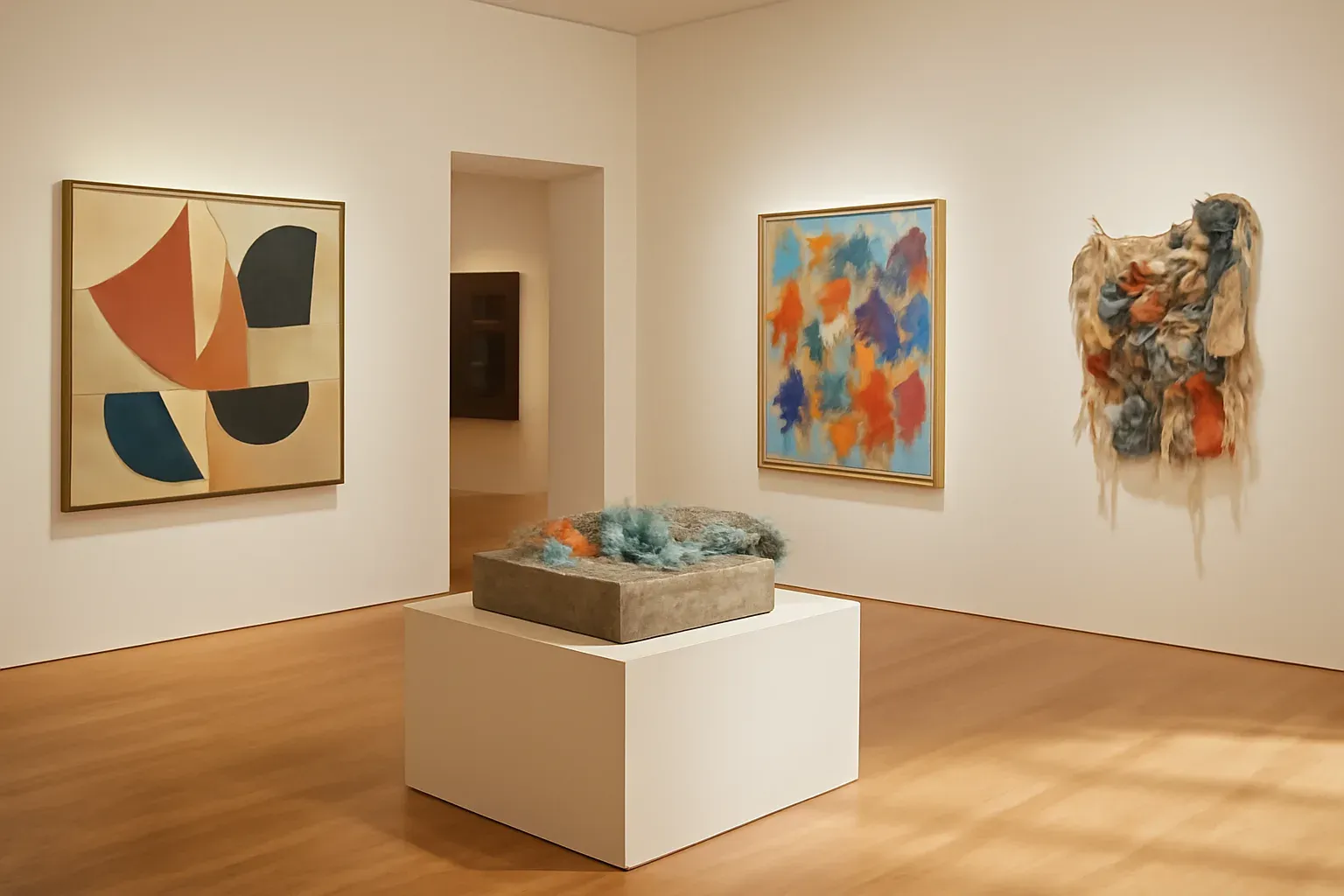 Curated gallery display of Latin American modern and contemporary artworks in a clean editorial setting