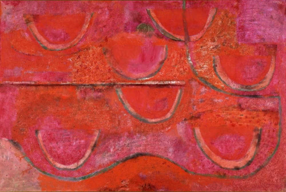 Portrait-style photograph of Mexican painter Rufino Tamayo standing beside one of his richly textured, earth-toned figurative canvases.