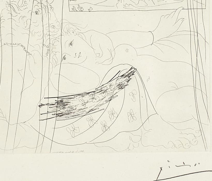 Minotaure et jeune femme enlacés rêvant sous une fenêtre (Minotaure and Young Woman Embracing Under a Window) by Pablo Picasso
