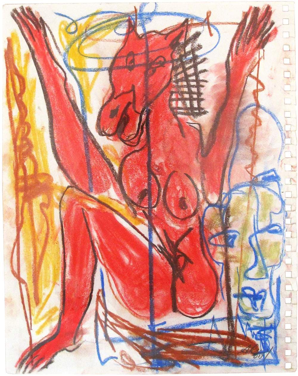 Untitled (Red Figure with Blue Portrait) by Alejandro Santiago