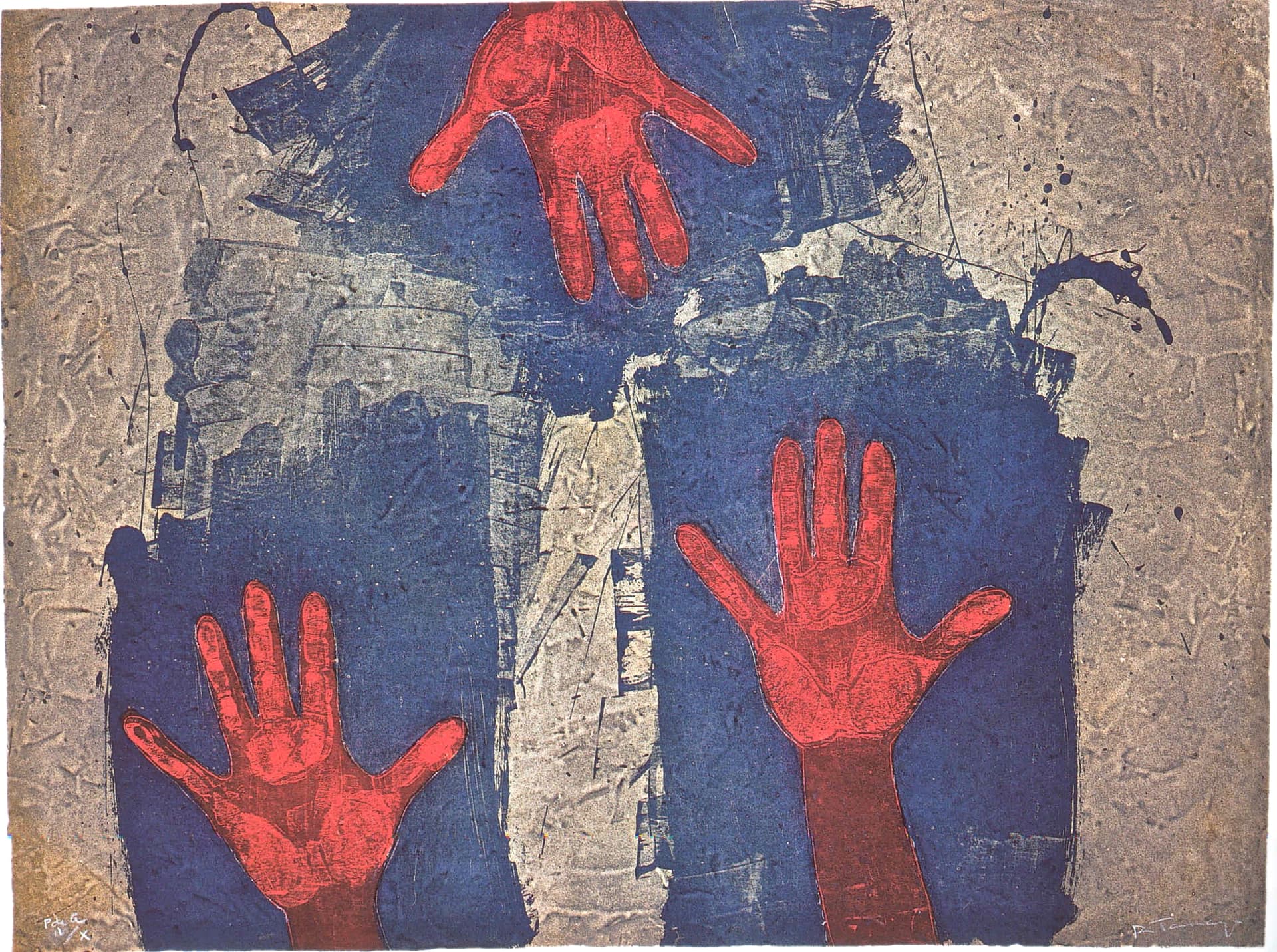 Maos sobre fondo azul by Rufino Tamayo