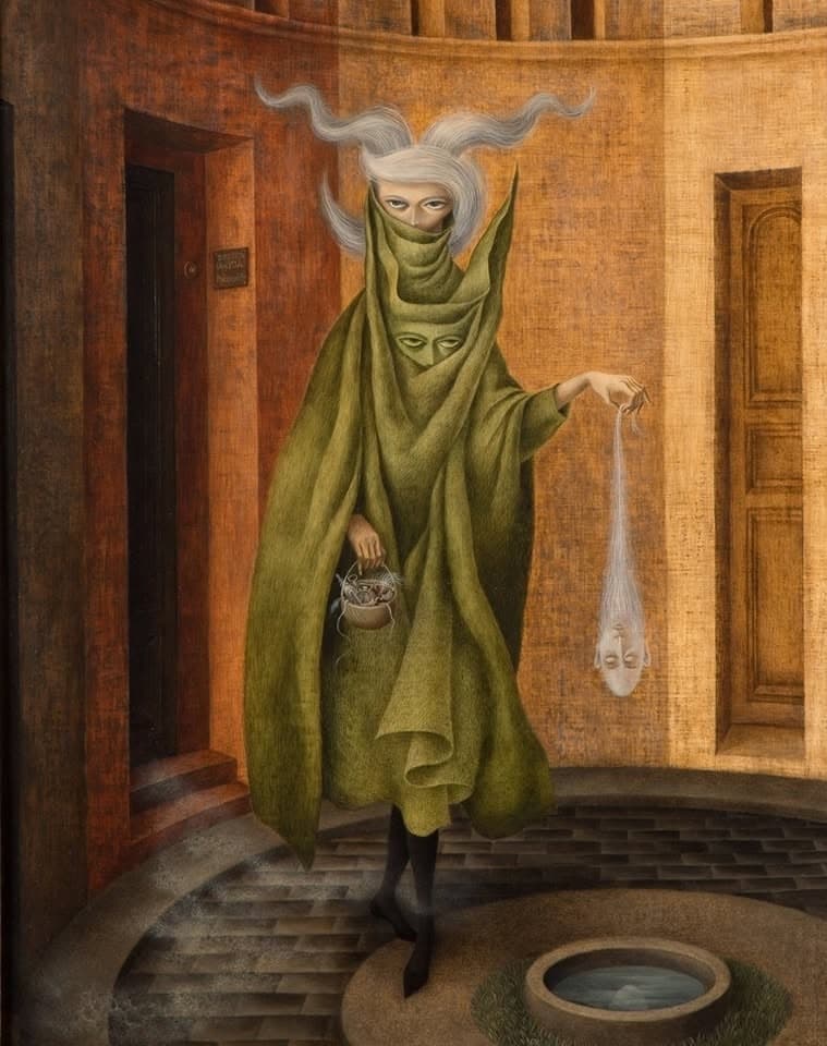 "Mujer saliendo del psicoanalista (Podría ser Juliana)" by Remedios Varo, Oil/tempera on Masonite