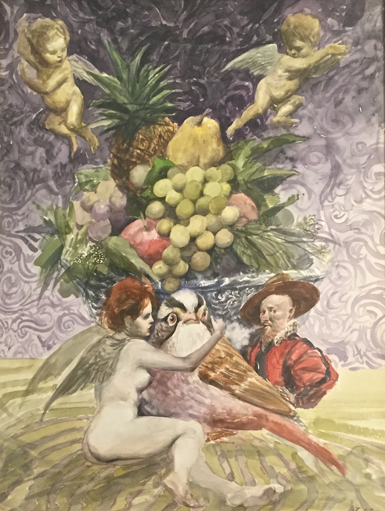 Still life with artist, model and bird by Roberto Fabelo